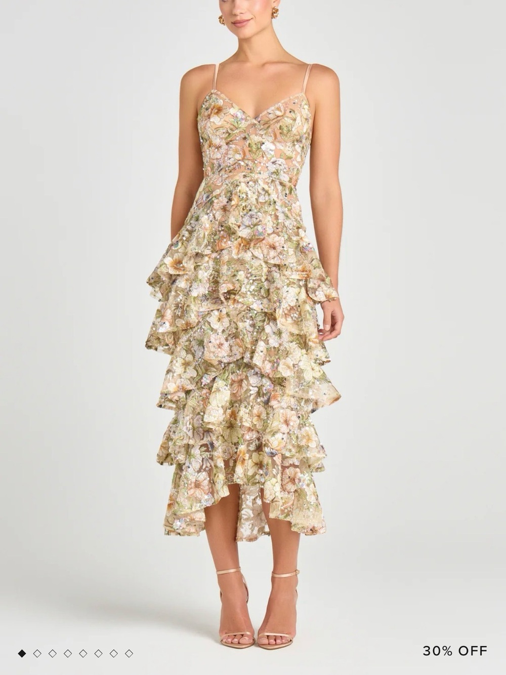NADINE MERABI Saffron Pastel Floral Tiered Ruffle Midi Dress